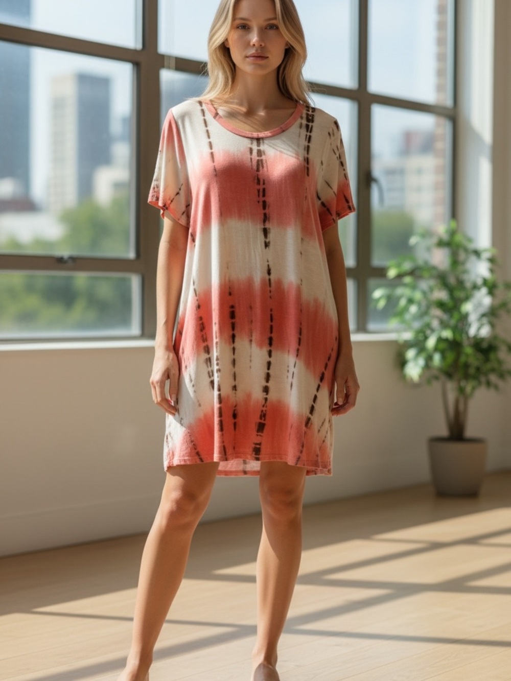By Together Coral and Cream Tie-Dye Midi Dress